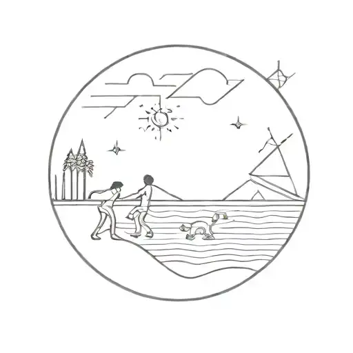 A Geometric Representation Of A Beach Sunset With Kids And Dogs Playing In The Background