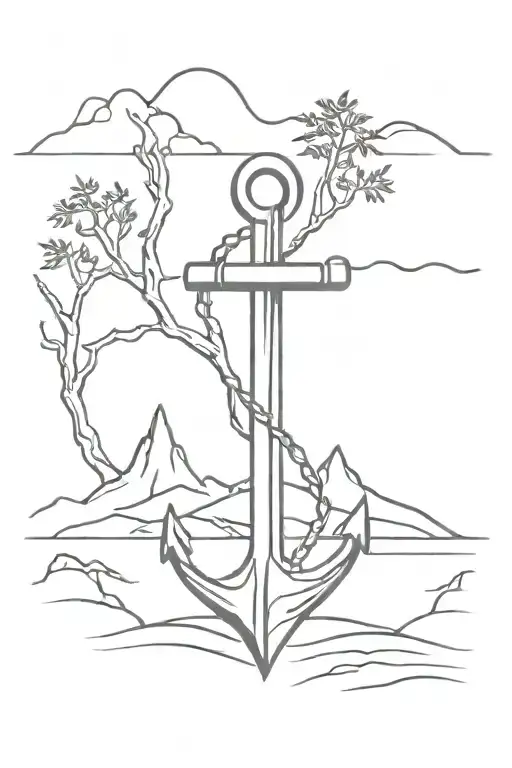 Anchor On A Beach With Trees And Mountains In The Background