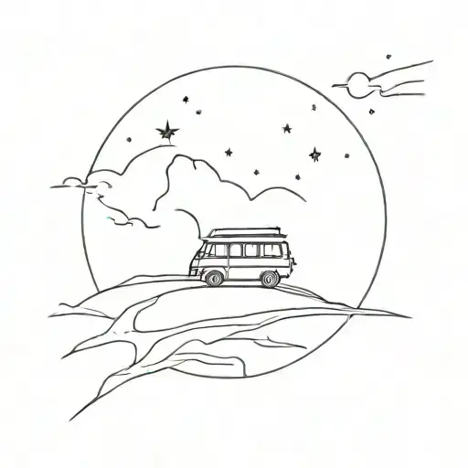 Mini Van Driving On An Endless Road Beneath The Stars