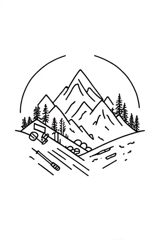 A Minimalist Tattoo Of A Mountain Range With Gardening Tools Hidden In The Design