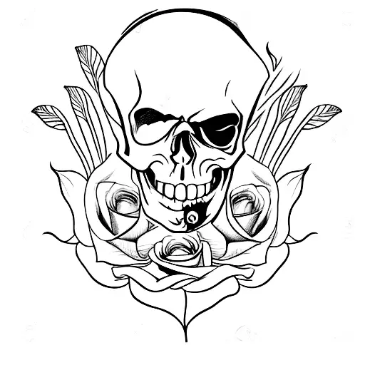 A Skull Postioned To The Right With A Rose Growing Out Of It's Left Eye