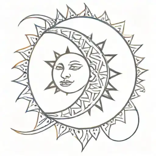 A Minimalist Tattoo Of The Sun And Moon With Intricate Geometric Patterns Radiating Outwards