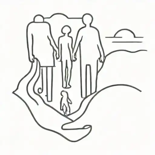 A Minimalist Tattoo Design Featuring A Silhouette Of A Family Holding Hands On A Vacation Beach
