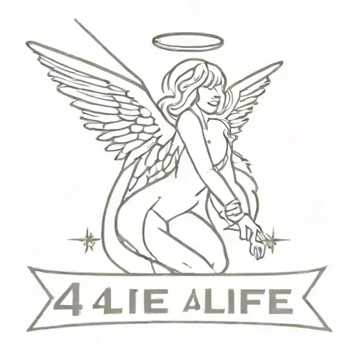 Illustrative Tattoo Of An Angel With A Banner That Says 4 Life