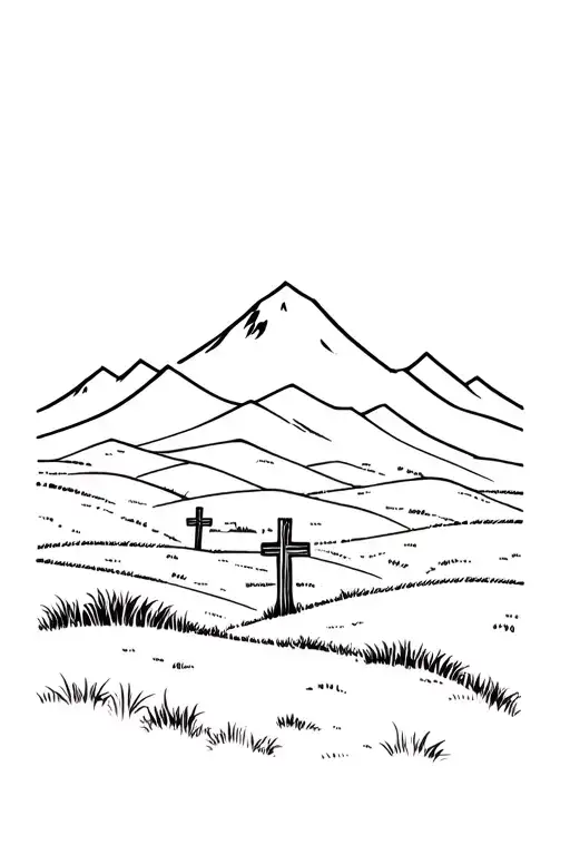 Rolling Grassy Hills With 3 Wooden Crosses Far Away In Background With Mountain Range Behind It