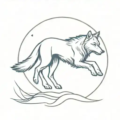 A Minimalist Design Of A Wolf Dancing Under A Crescent Moon