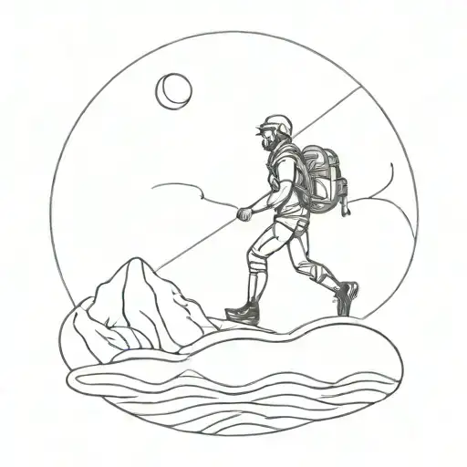 A Minimalist Design Of A Hiker Silhouette Against A Backdrop Of A Crescent Moon And Waves
