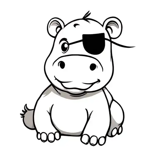 Baby Cartoon Hippopotamus Sitting With An Eyepatch On The Right Eye