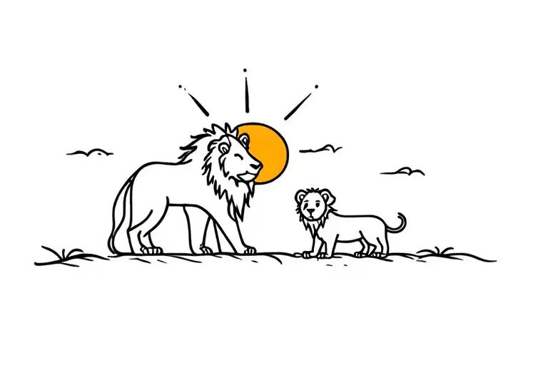 Lion And A Lion Baby With A Sun