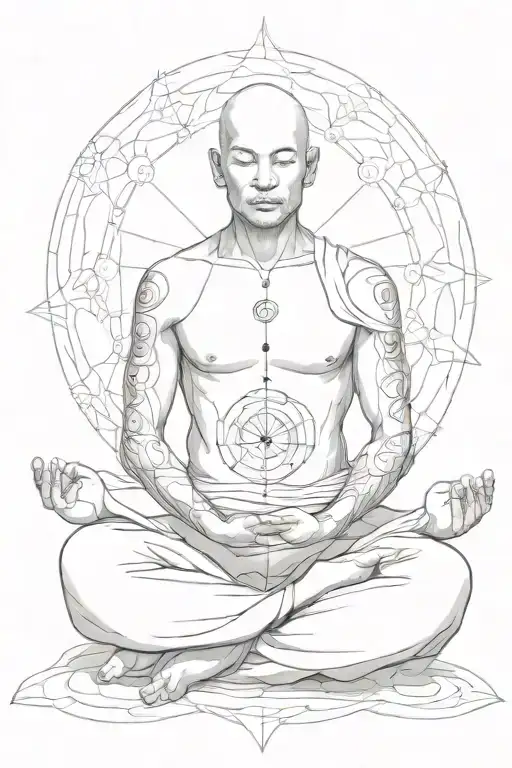 Man In Lotus Position Meditating Monk Aligned With Chakras