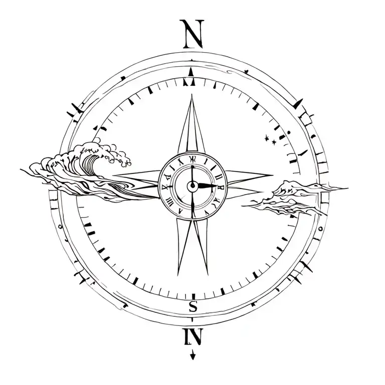 Compass And Clock And A Wave Crashing