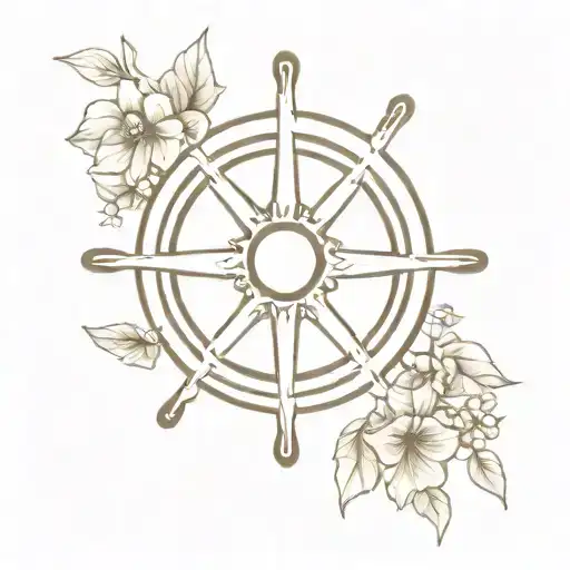 Create A Ship Wheel Tattoo With Intricate Floral Details Intertwined In The Spokes
