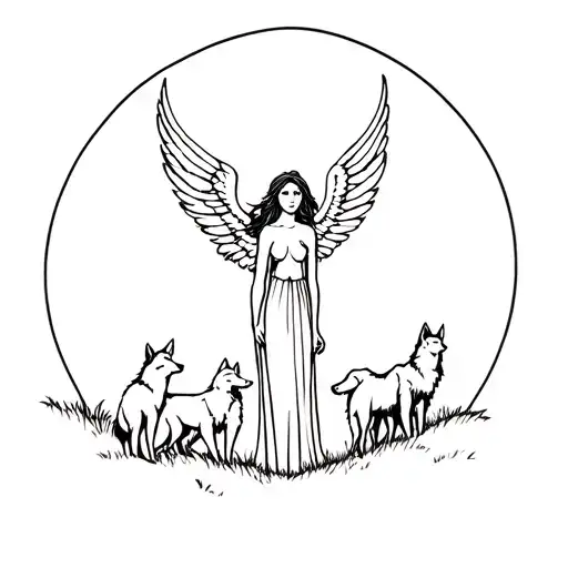 Angel In The Forest At Full Moon With Wolves