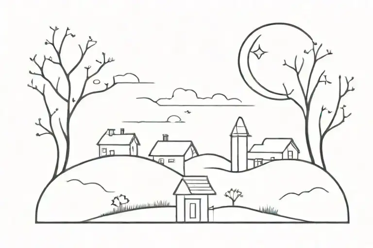 A Mystical Blackwork Tattoo Of A Crescent Moon Shining Over A Farm At Night