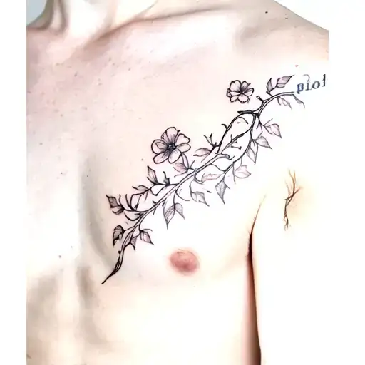 Vine Tattoo On Mans Left Chest With Some Flowers