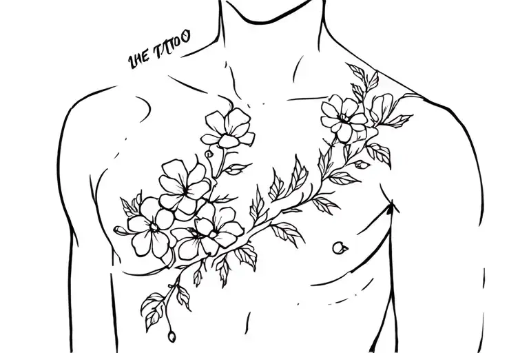 Vine Tattoo On Mans Left Chest With Some Flowers