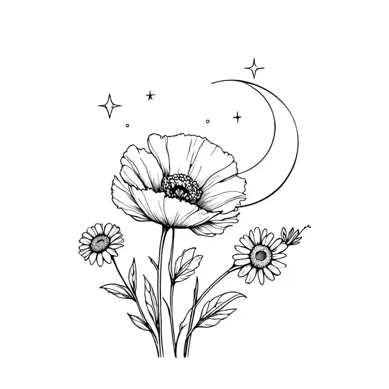 Poppy Flower With Daisy Flower And Stars Moon