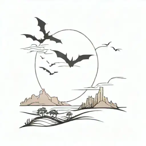 A Surreal Landscape Featuring A Sunset With Bats Silhouetted Against The Sky