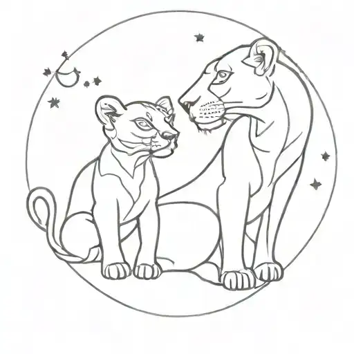 A Lioness And Cub Under A Starry Night Sky Full Moon