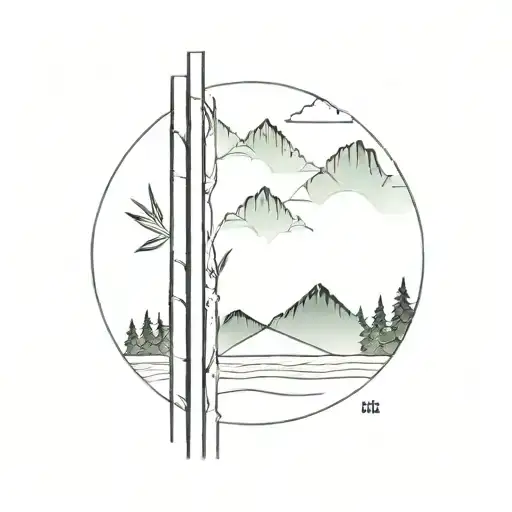 A Minimalist Tattoo Design Of A Bamboo Forest With A Hidden Mountain Peak In The Background