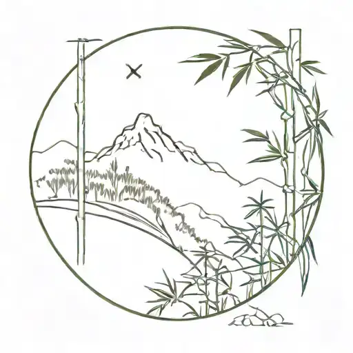 A Minimalist Tattoo Design Of A Bamboo Forest With A Hidden Mountain Peak In The Background
