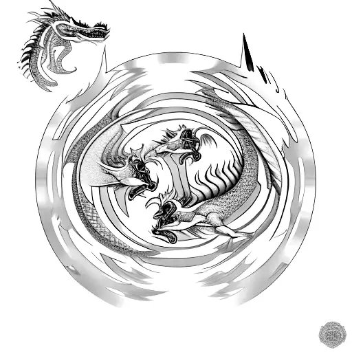 Twin Gold And Silver Dragons Circling Around Each Other And Flower In The Center