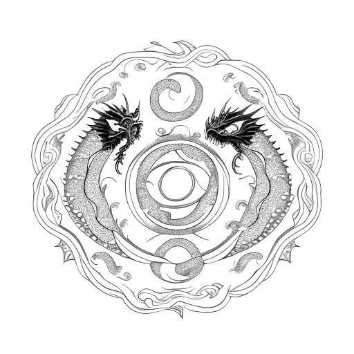 Twin Gold And Silver Dragons In A Ouroboros And Flower In The Center