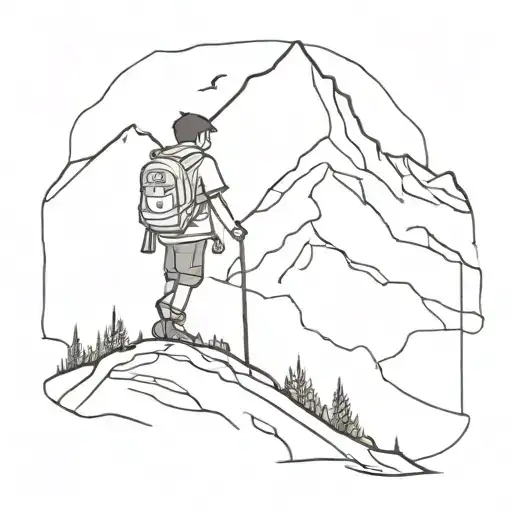 A Minimalist Tattoo Of A Stylized Anime Character Hiking Up A Mountain