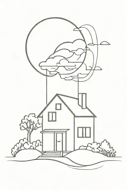 House In A Sunset Black Line Work