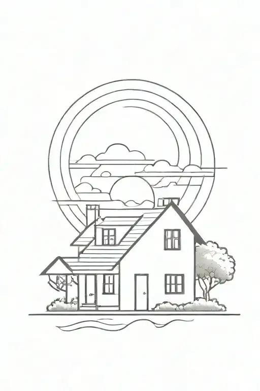 House With A Sunset Black Line Work