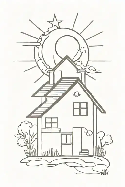 House With A Sun Black Line Work