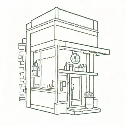 A Minimalist Tattoo Of A Retail Store Front With A Coffee Cup And Jazz Instruments In The Window