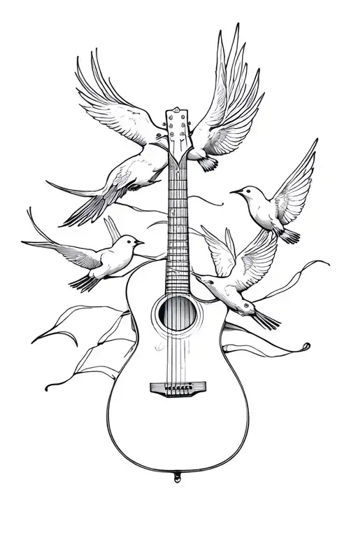 Guitar Intertwined With A Delicate Line Drawing Including Birds