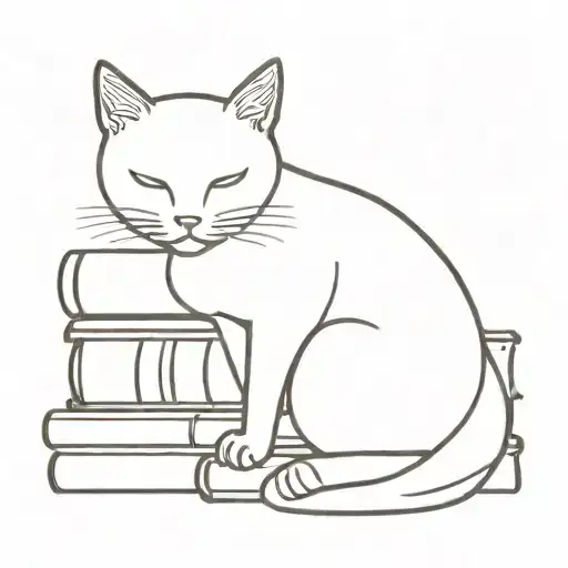 A Minimalist Tattoo Design Featuring A Cat Curled Up Next To A Stack Of Books