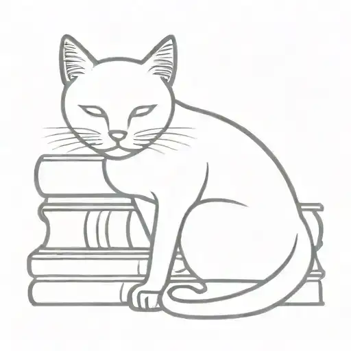 A Minimalist Tattoo Design Featuring A Cat Curled Up Next To A Stack Of Books