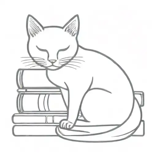 A Minimalist Tattoo Design Featuring A Cat Curled Up Next To A Stack Of Books
