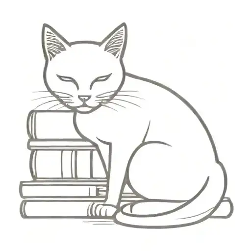 A Minimalist Tattoo Design Featuring A Cat Curled Up Next To A Stack Of Books