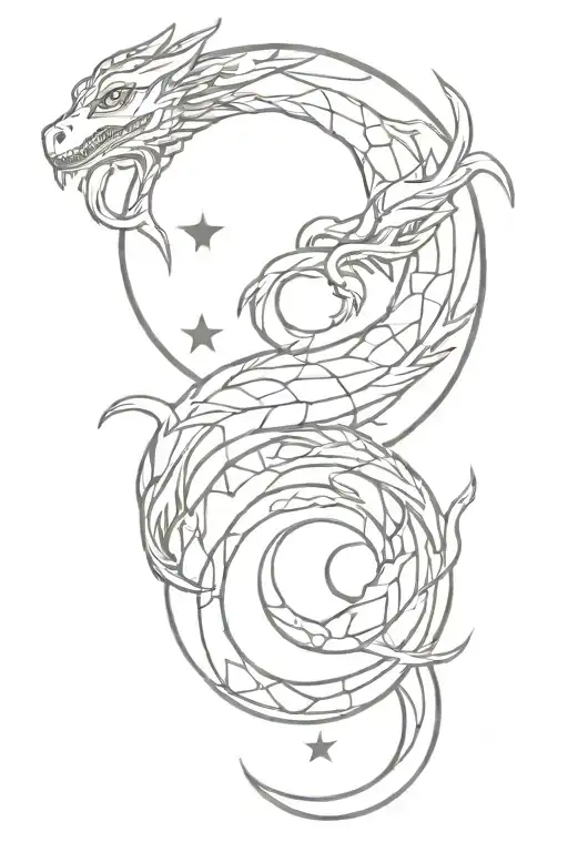 Simple Dragon With Mystical Symbols Intertwined Around It Representing The Moon And The Stars