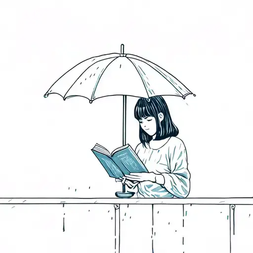 Girl With Bangs And Shoulder Length Hair Reading Book Under Umbrella On The Terrace In Rain