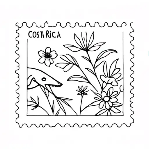 Postage Stamp Tattoo Very Minimal With Thin Lines Including Flowers And An Animal From Costa Rica