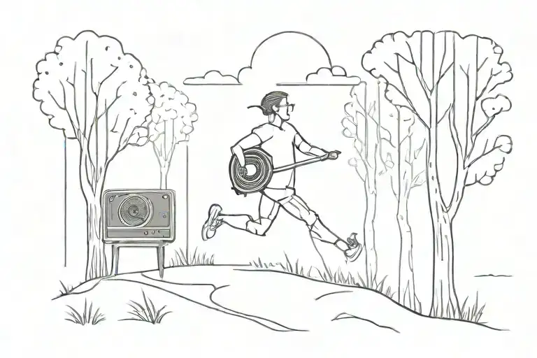 A Minimalist Tattoo Design Of A Person Running Through A Forest With A Record Player On Their Back