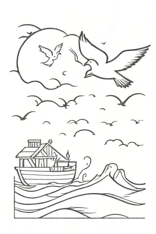 Noah's Ark In Crashing Waves With Dove Flying Away