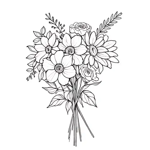 Simple Fine Line Bouquet Of Daffodils Roses Chrysanthemum And Violets