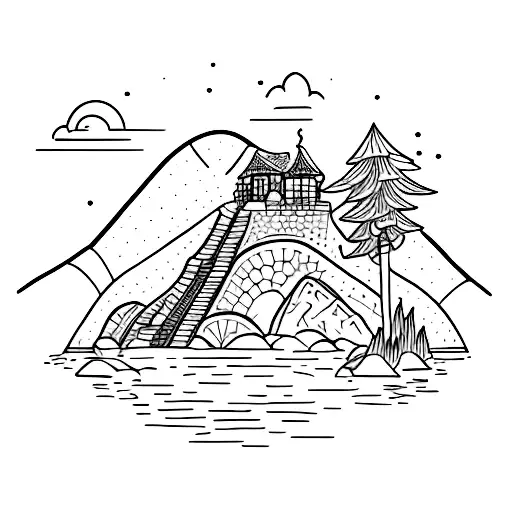 An Intricate Design Of A Climber Ascending A Rock Wall With A Lake In The Background