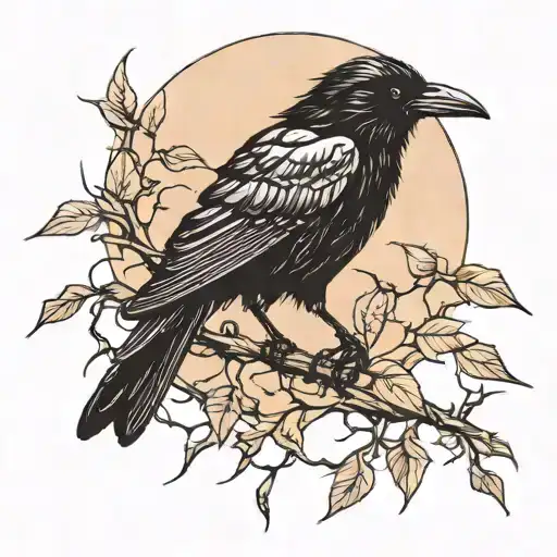 Moonlight Shining On A Crow Perched On Vine With Thorns