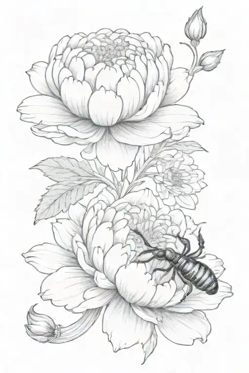 Chrysanthemum Flower And Peony Flower And Scorpion