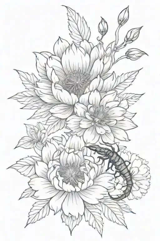 Chrysanthemum Flower And Peony Flower And Scorpion