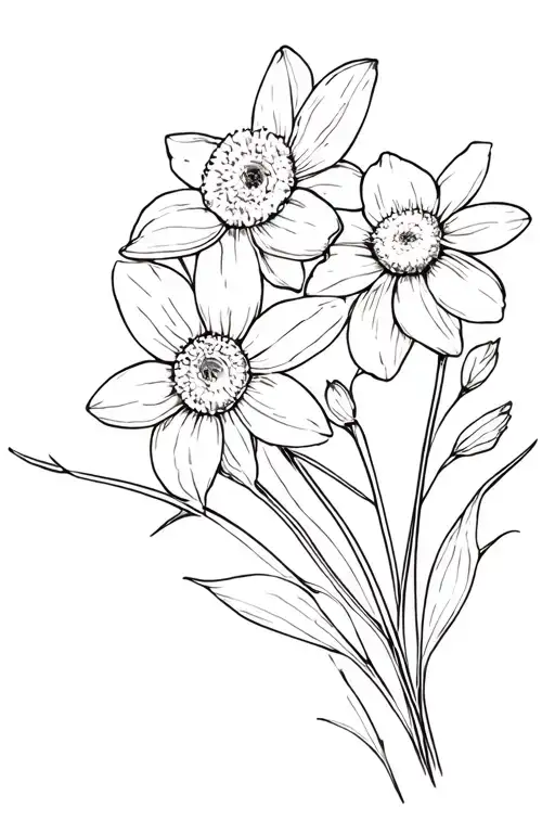 Narcissus And Daisy Flower Bouquet Fine Line