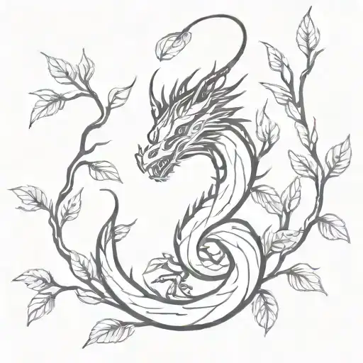 Long Dragon With Branches Black And White With Red Lines Around