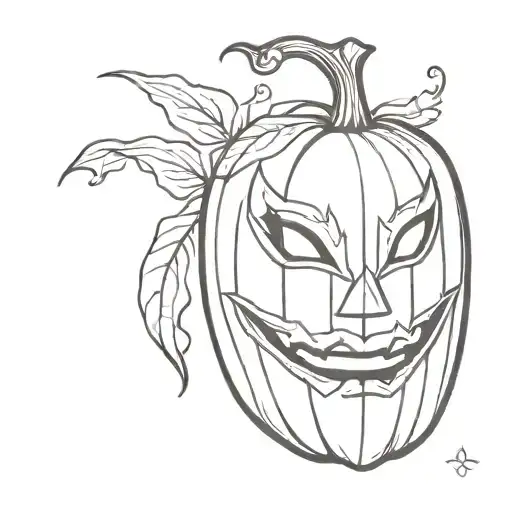 A Minimalist Tattoo Design Of A Pumpkin Wearing A Carnival Mask